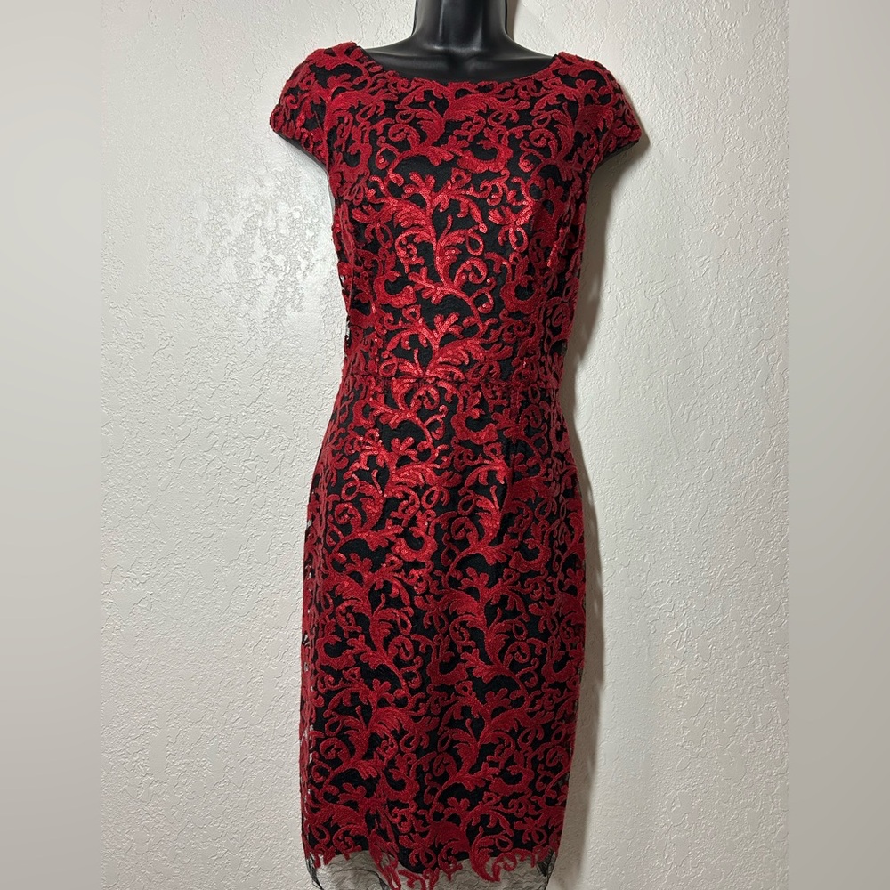 ANTONIO MELANI Red and Black Lace Midi Dress